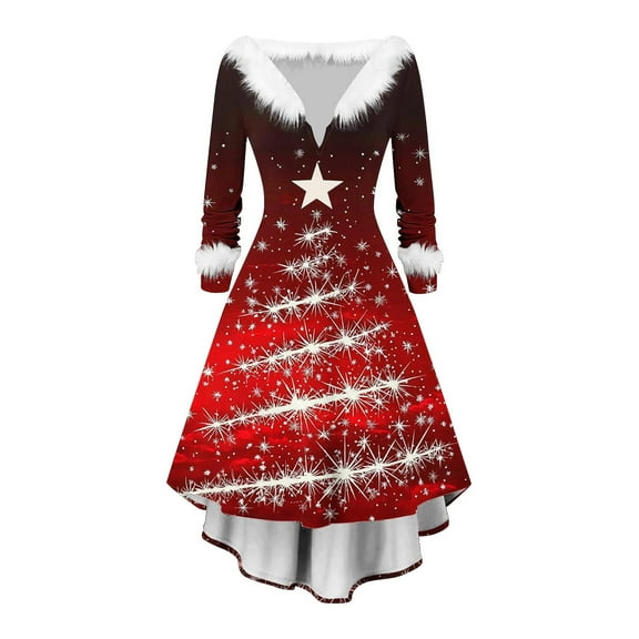 LSLJS Christmas Dresses for Women Plus Size Fuzzy V Neck Long Sleeve Dresses Fashion Christmas Printed Casual Dresses, S-3XL