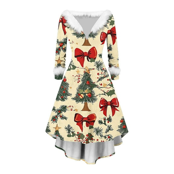 LSLJS Christmas Dresses for Women Plus Size Fuzzy V Neck Long Sleeve Dresses Fashion Christmas Printed Casual Dresses, S-3XL