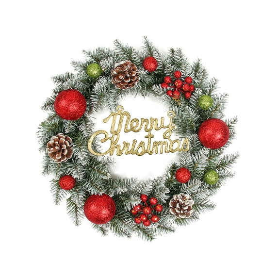 LSLJS Christmas Garland for Front Door, Christmas Decorations, 15.7 inch Christmas Stained with Snow Pine Wreath with Flower Cone and Ball, Merry Christmas Letter Sign Xmas Hanging Ornaments Baubles