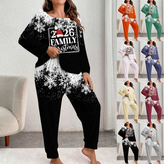 LSLJS Christmas Long Sleeve Pajama Set for Women Plus Size Crewneck Pajamas Sets Funny Trendy Christmas Print Graphic Sleepwear, Gifts for Women