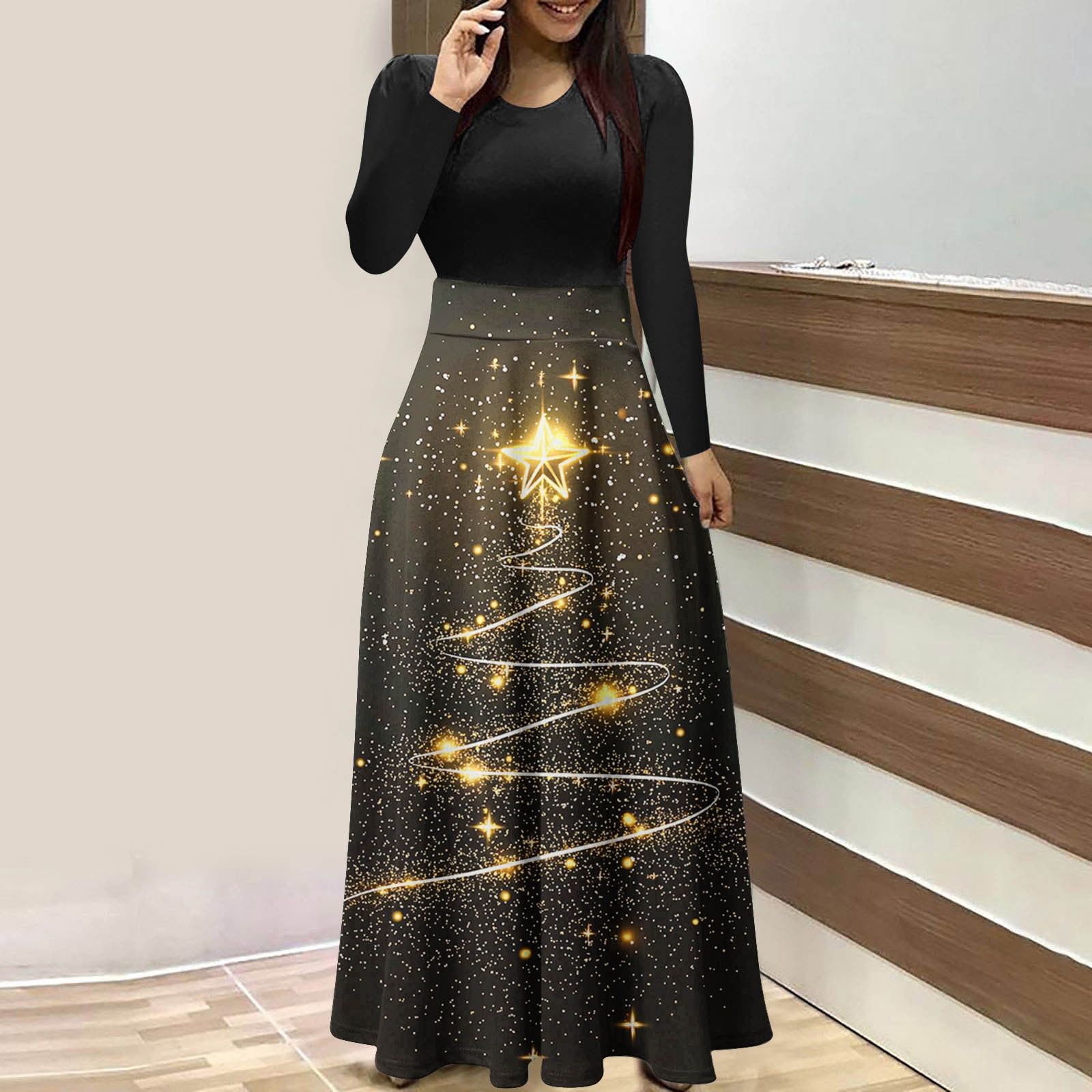 LSLJS Christmas Maxi Dresses for Women Crewneck Long Sleeve Dresses Fashion  Casual Christmas Printed Patchwork Long Dresses, S-2XL