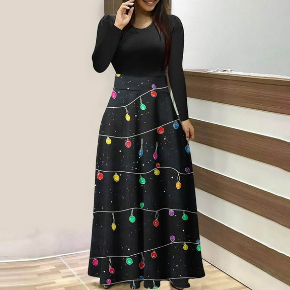 LSLJS Christmas Maxi Dresses for Women Crewneck Long Sleeve Dresses Fashion Casual Christmas Printed Patchwork Long Dresses, S-2XL