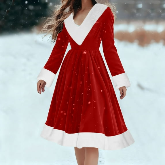 LSLJS Christmas Mini Dresses for Women Fuzzy V Neck Long Sleeve Dresses Fashion Casual Red White Block Christmas Party Dresses, S-2XL
