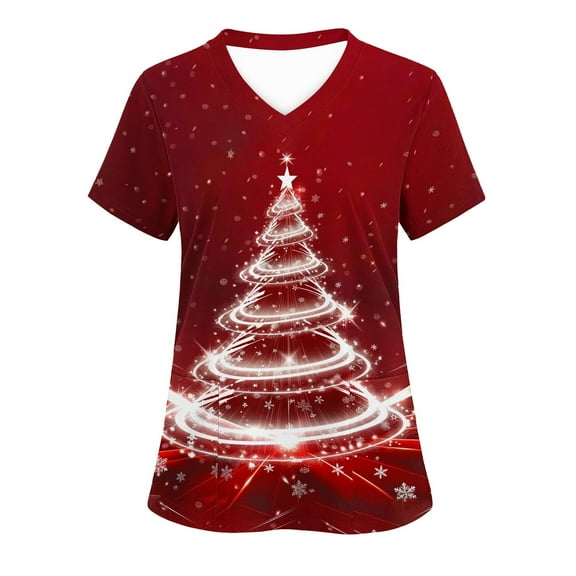 LSLJS Christmas Scrub Tops Women Plus Size V Neck T Shirts Casual Christmas Tree Printed Work Tops, Gift for Women, S-5XL