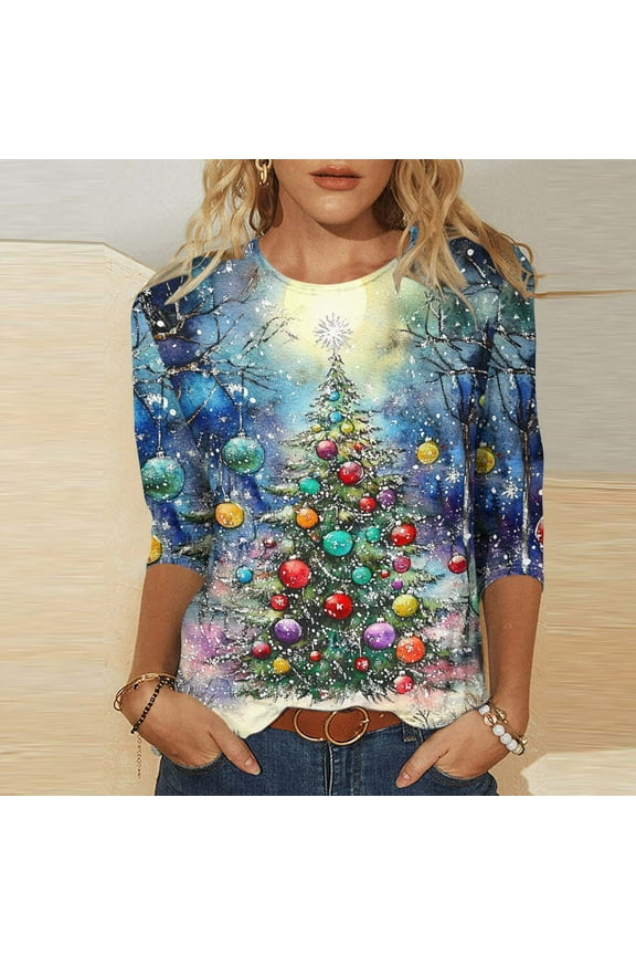 Christmas Shirts for Women Plus Size 3/4 Sleeve T-Shirts Funny Christmas Tree Printed Graphic Tees Tops, Gifts for Women, S-5XL