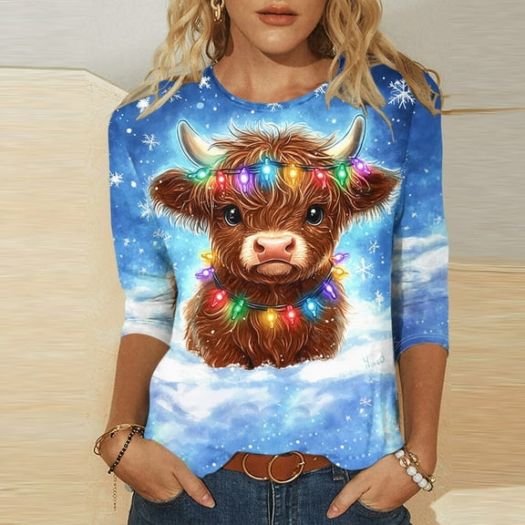 LSLJS Christmas Shirts for Women Plus Size Gradient Blue Crew Neck Top Funny Christmas Snowflake Cow Print Graphic Tees, Gifts for Women, S-5XL