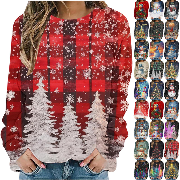 LSLJS Christmas Sweatshirts for Women Crewneck Long Sleeve Shirts Funny Trendy Christmas Print Graphic Fall Tops, Gifts for Women, S-2XL