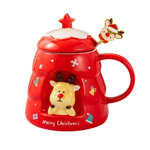 LSLJS Christmas Tree Ceramic Mug, Large Capacity Cute 3D Christmas Tree Shape with Santa Design Water Cup Household Ceramic Cup with Stirring Rod and Lid Christmas Decorations Ideal Christmas Gifts