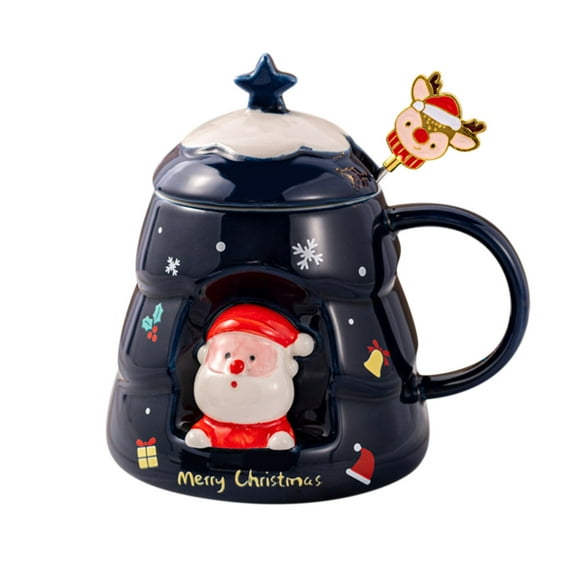 LSLJS Christmas Tree Ceramic Mug, Large Capacity Cute 3D Christmas Tree Shape with Santa Design Water Cup Household Ceramic Cup with Stirring Rod and Lid Christmas Decorations Ideal Christmas Gifts
