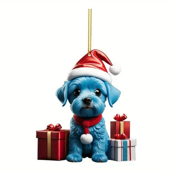 LSLJS Christmas Tree Hanging Ornaments - 3.15 inch Acrylic Flat Cute Dog with Red Hat Pattern Pendants Xmas Baubles Colorful Car Rearview Mirror Backpack Pendants Christmas Decorations Gifts