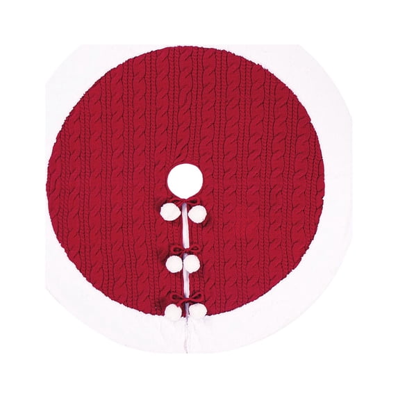LSLJS Christmas Tree Skirt, 24 Inches Red and White Soft Plush Xmas Tree Collar, Boho Style Knitted Thick Rustic Christmas Tree Mat with White Plush Ball, for Holiday Party Indoor Outdoor