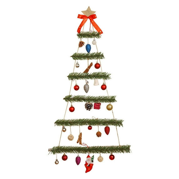 LSLJS Christmas Wall Hanging Ornaments - 44.5"x21.5" Wooden Christmas Tree Shape Wall Hanging Baubles with Small Pendants and LED Lights DIY Christmas Atmosphere Wall Decorations for Party Holiday