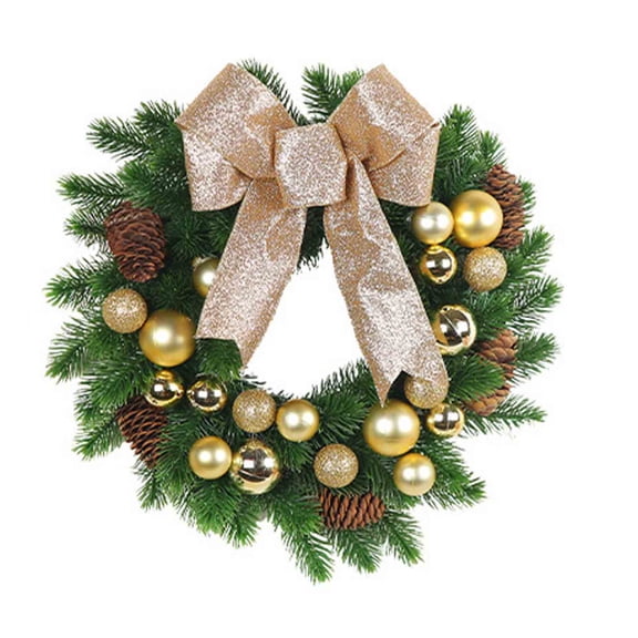 LSLJS Christmas Wreath for Front Doll, Christmas Decorations, 11.8 inch Green Spruce Leaves Garland with Decorative Ball Cone and Bow, Classical Christmas Tree Design Hanging Ornament for Window Door