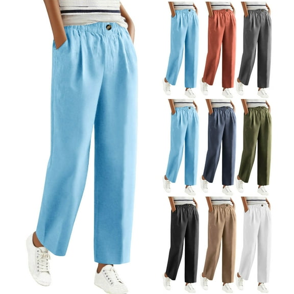 LSLJS Cotton Linen Athletic Pants Women Plus Size Straight Leg Drawstring Work Pants Solid Color Casual Pants with Pockets, S-3XL