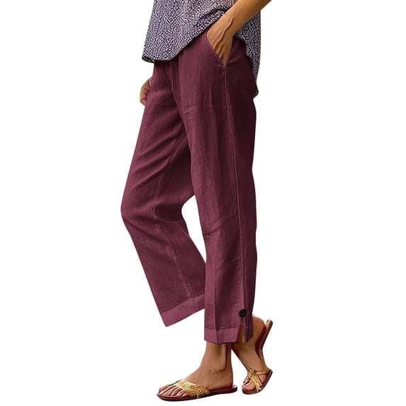 LSLJS Cotton Linen Pants Women Plus Size Elastic Waisted Ankle Work Pants Solid Color Straight Leg Casual Pants, S-3XL