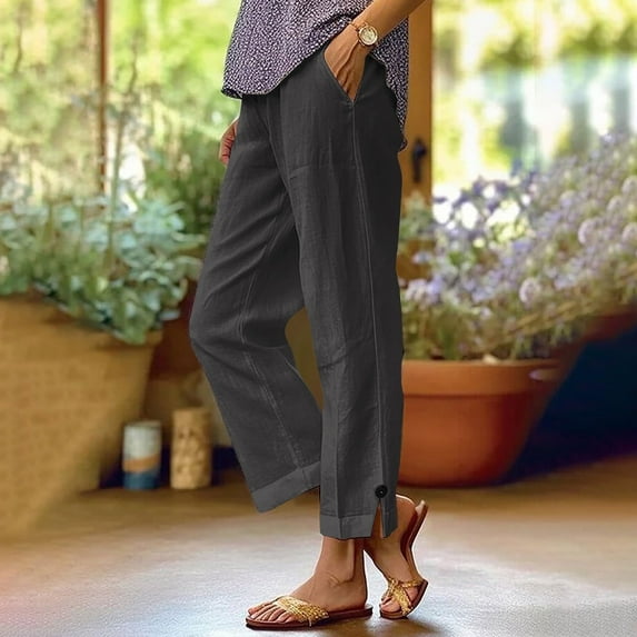 LSLJS Cotton Linen Pants Women Plus Size Elastic Waisted Ankle Work Pants Solid Color Straight Leg Casual Pants, S-3XL
