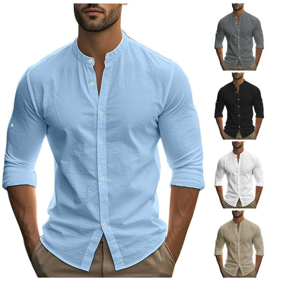 LSLJS Cotton Linen Shirts for Men Stand up Neck Long Sleeve Shirts Comfy Casual Solid Color Button Tee Tops, S-3XL