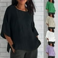 thumbnail image 1 of LSLJS Cotton Linen Shirts for Women Plus Size Crewneck 3/4 Sleeves Tee Tops Comfy Trendy Solid Color Pleated T-Shirts, S-5XL, 1 of 4
