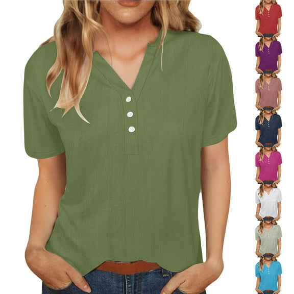 LSLJS Cotton Linen Shirts for Women Plus Size V-Neck Quarter Button T-Shirts Casual Trendy Solid Color Tee Tops, S-3XL