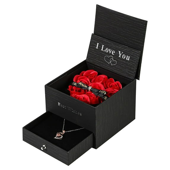 LSLJS Double Layer Gift Box Set, Valentine's Gifts for Her 3.7"x3.7" Love Rose Flower Drawer Jewelry Gift Box Romantic Remaining Life Jewelry Packaging Box for Valentine Xmas(Not Include Jewelry)