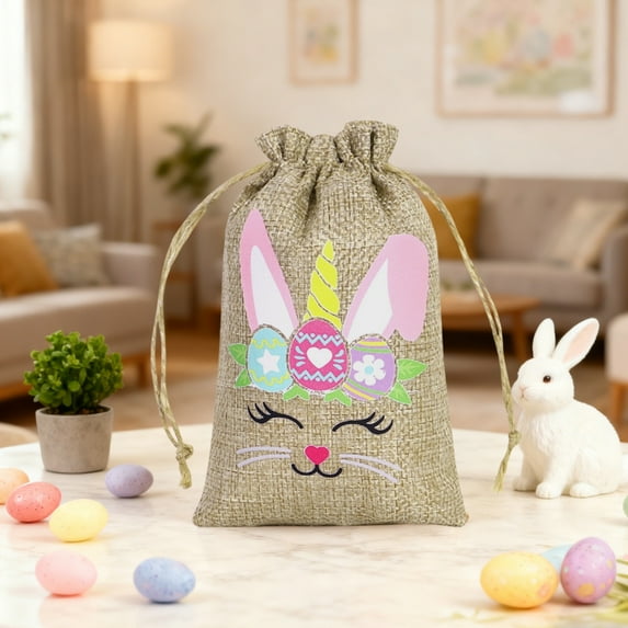 LSLJS Easter Bags & Easter Gift Bags - Easter Gift Bag & Reusable Goodie Rabbit Drawstring Burlap Treat Bag for Garden Tea Party Supplies
