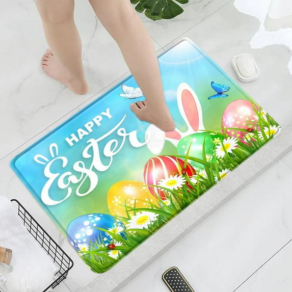LSLJS Easter Bathroom Rug, Easter Decoration 15.7"x23.6" Rabbit and Colorful Easter Eggs Prints Floor Mat, Non-Slip Super Absorbent Entrance Doormat Quick Dry Decorative Carpet Spring Decor for Home