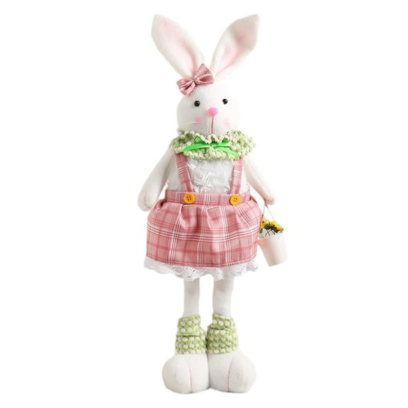 LSLJS Easter Bunny Plush Doll, Easter Decorations Cute Rabbit Doll with Buffalo Plaid Clothes Soft Stuffed Animal Toys Long Legs Standing Rabbit Ornaments Spring Table Decor Gifts for Kids Party