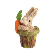 LSLJS Easter Bunny Statue, Easter Decorations 7 inch Handmade Straw Rabbit in Wooden Basket with Carrot, Sisal Rabbits Tabletop Ornament Animals Figurine Farmhouse Spring Decor for Home Patio
