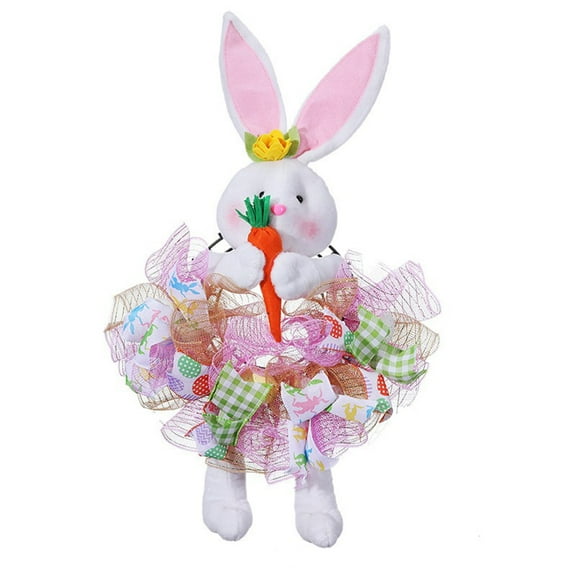 LSLJS Easter Bunny Wreath for Front Door, Easter Decorations 28 inch Cute Rabbit Garland with Carrot and Ribbon, Farmhouse Welcome Door Sign Plush Bunny Doll Wall Hanging Ornaments Spring Decor