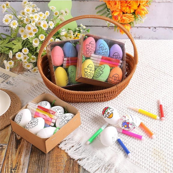 LSLJS Easter Eggs Painting Kit, 6 Pcs Paintable Plastic Easter Eggs with Pastel Pen, Easter Basket Stuffers Hand Painted DIY Easter Imaginative Toys Drawing Eggs Crafts for Kids Party Favor
