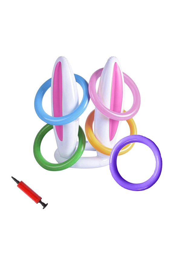 Easter Inflatable Bunny Ears Ferrule Toys, Inflatable Rabbit Ears Hat with 4 Rings and Inflator, Party Games Supplies Inflatable Ferrule Toys Gifts for Kids Family School Party