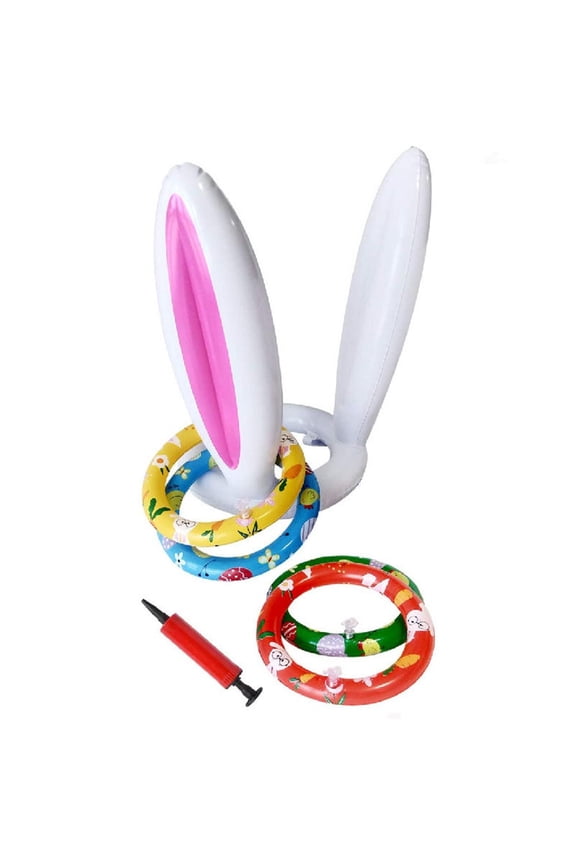 Easter Inflatable Bunny Ears Ferrule Toys, Inflatable Rabbit Ears Hat with 4 Rings and Inflator, Party Games Supplies Inflatable Ferrule Toys Gifts for Kids Family School Party