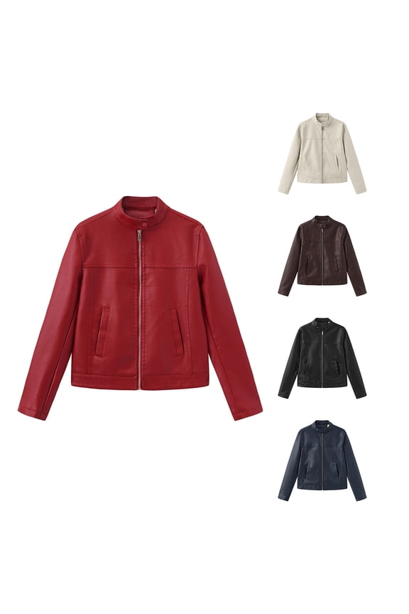 Faux Leather Jacket Women Long Sleeve Motorcycle Coats Fashion Solid Color Leather Jackets Fall Clothes, XS-2XL