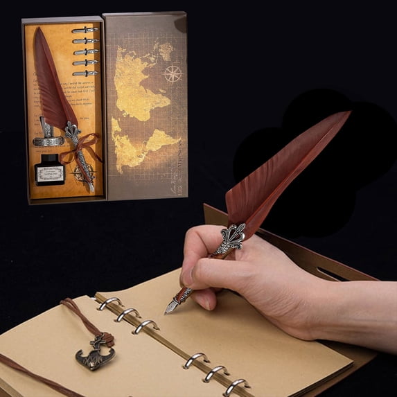 LSLJS Feather Pen Gift Box Set, Retro Antique Feather Quill Dip Pen with 5 Steel Replacement Nibs, Pen Holder and Dip Ink Bottle, Write Smoothly Calligraphy Writing Pen Gifts for Students Friends