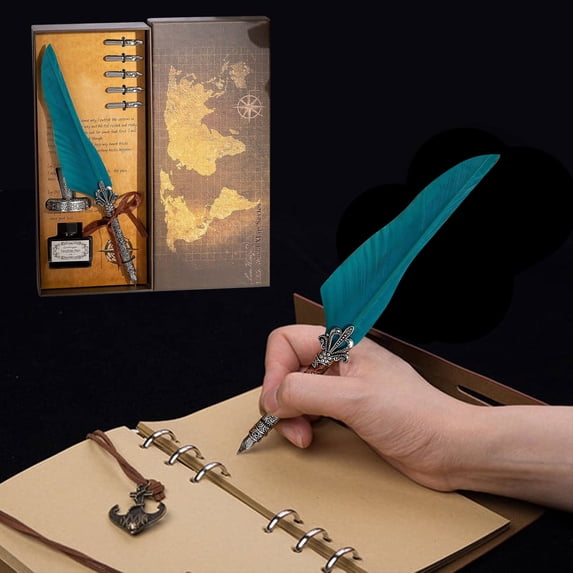 LSLJS Feather Pen Gift Box Set, Retro Antique Feather Quill Dip Pen with 5 Steel Replacement Nibs, Pen Holder and Dip Ink Bottle, Write Smoothly Calligraphy Writing Pen Gifts for Students Friends