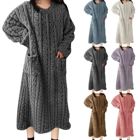 LSLJS Flannel Pajamas for Women Winter Fleece Long Sleeve Nightgown Trendy Comfy Solid Color Pajamas with Pockets, Gifts for Women