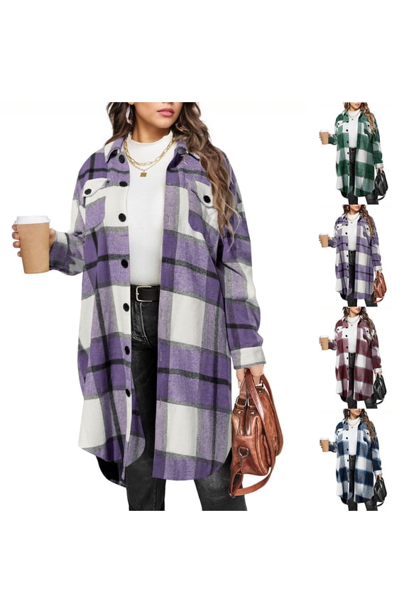 Flannel Shirt for Women Long Sleeve Shacket Jackets Casual Lapel Button Down Plaid Printed Shirt Trench Coats, S-2XL