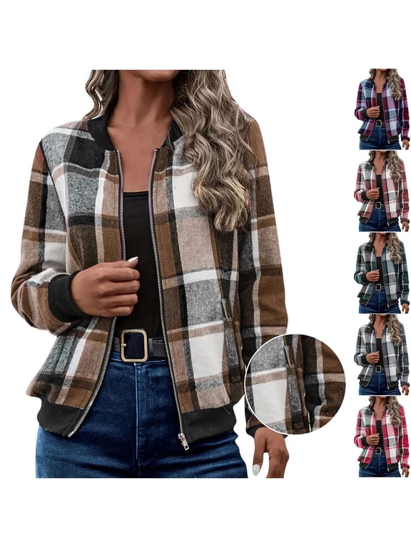 Flannel Shirt for Women Zip up Shackets Jackets Casual Plaid Printed Jacket with Pockets Fall Outfits, S-2XL