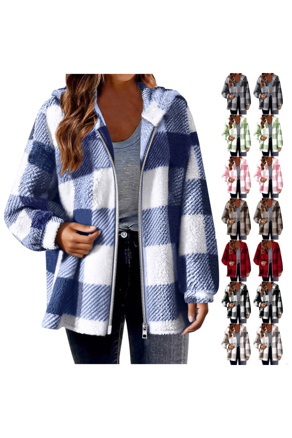 Fleece Jacket Women Winter Plus Size Zip up Hoodies Fashion Loose Flannels Plaid Print Shacket Coats, S-5XL