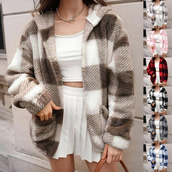 LSLJS Fleece Jacket for Women Winter Warm Plus Size Long Sleeve Hoodies Loose Plaid PrintedJackets Coat with Pockets, S-5XL