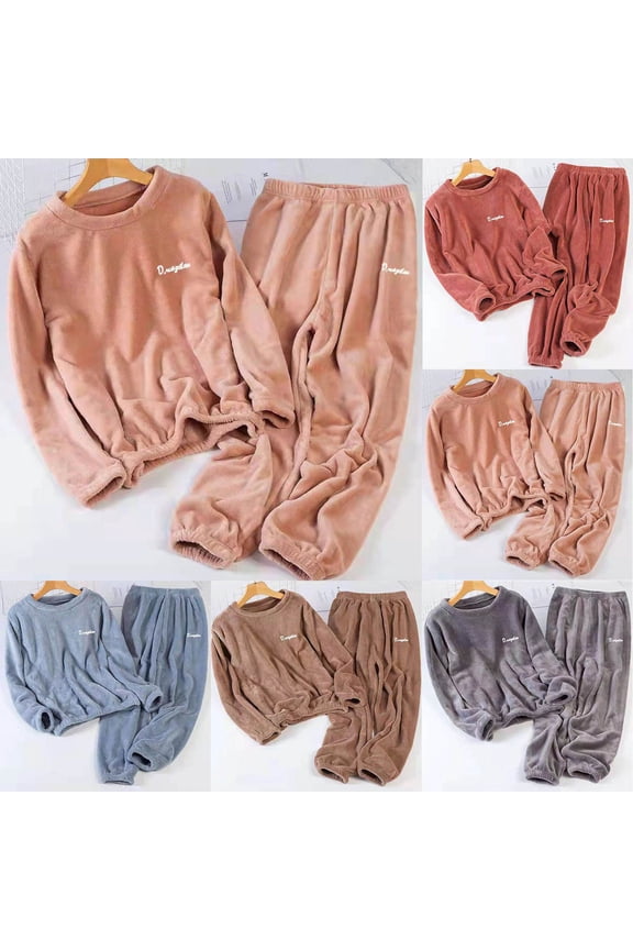 Fleece Pajamas Women Winter Crewneck Pajamas Sets Warm Home Solid Color Sleepwear, Fall Winter Outfits