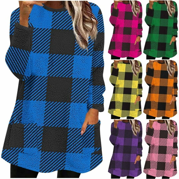 LSLJS Fleece Pullover Women Winter Warm Plus Size Crewneck Flannel Sweatshirt Casual Loose Plaid Color Block Printed Tops, S-3XL