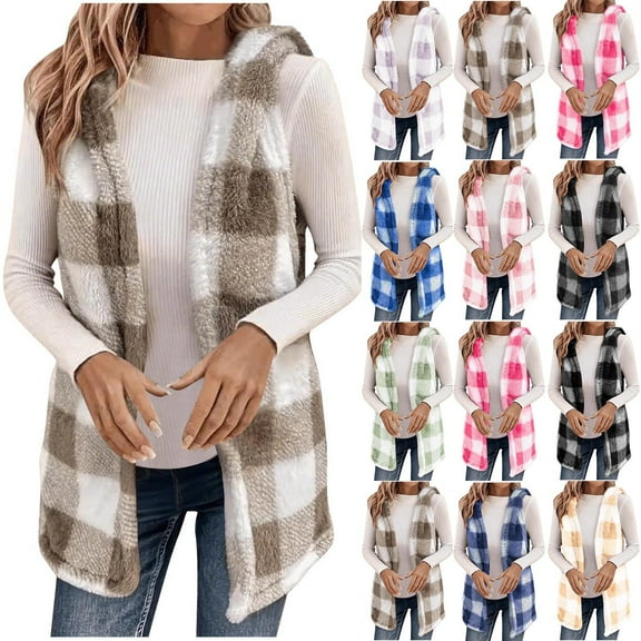 LSLJS Fleece Vest Women Winter Sleeveless Hooded Vest Casual Fashion Color Block Plaid Tops Fall Winter Outfits 2025, S-2XL