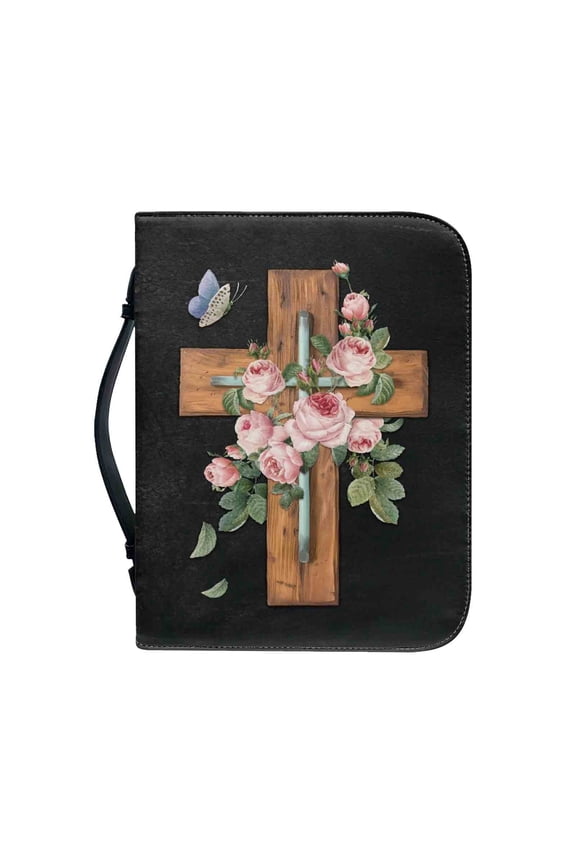 Floral Bible Cover, Portable PU Leather Cross Flowers Bible Case Study Bible Carrier Tote Bags Multi-Functional Stationery Organizer Waterproof Large Capacity Scripture Bag for Church Office