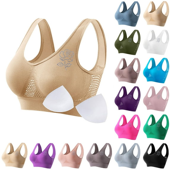 LSLJS Full Sports Bras for Women Plus Size No Underwire Wireless Bras Solid Color Rhinestone Print Lingerie with Removable Padding, Gifts for Women
