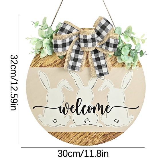 LSLJS Happy Easter Welcome Door Sign, 12"x12" Rustic Wooden Hanging Wall Plaque Sign with Bow & Rabbits Pattern Easter Decorations Bunny Wreaths Door Hanger Spring Decor for Outdoor Front Door Porch