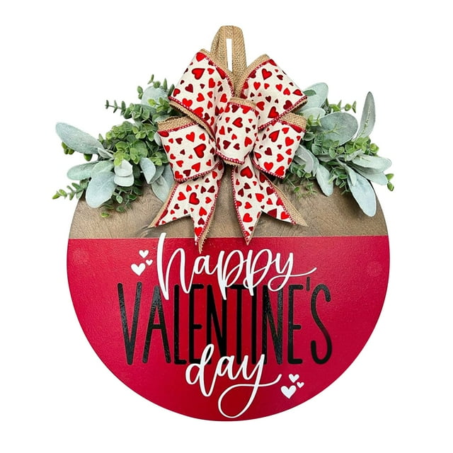 LSLJS Happy Valentine's Day Welcome Door Sign 12"x12" Rustic Wooden Hanging Wall Plaque Sign with Flowers & Bow Valentines Day Decorations Door Hanger Valentine Wreaths for Front Door Porch