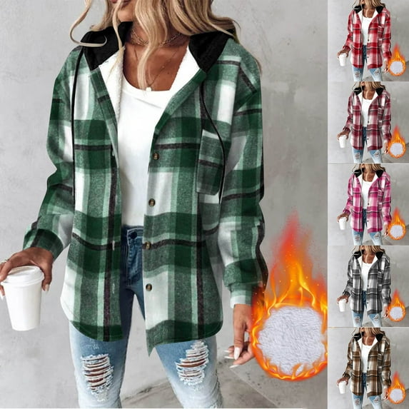LSLJS Hoodies for Women Winter Warm Fleece Flannel Shirts Casual Button Down Plaid Printed Coats with Pockets Fall Winter Outfits, S-2XL