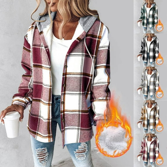 LSLJS Hoodies for Women Winter Warm Fleece Flannel Shirts Casual Loose Button Down Plaid Printed Coats Fall Winter Outfits, S-2XL