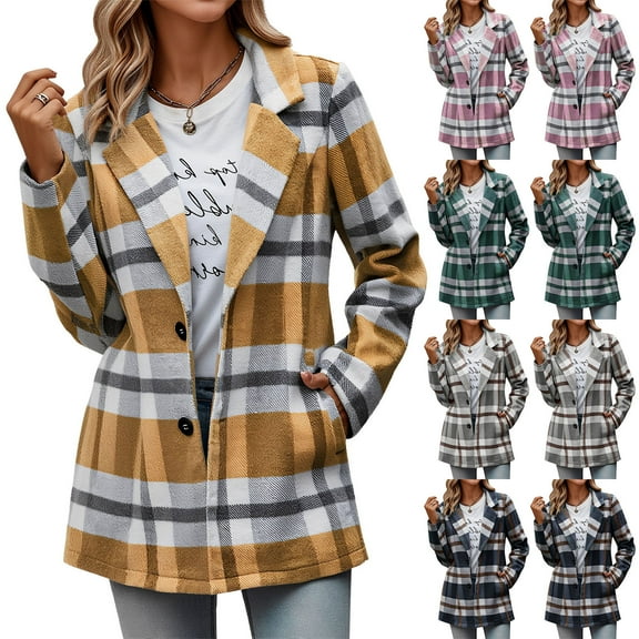 LSLJS Jackets for Women Button Down Shacket Jacket Fashion Fall Plaid Print Wool Trench Coat Winter Clothing with Pockets, S-2XL